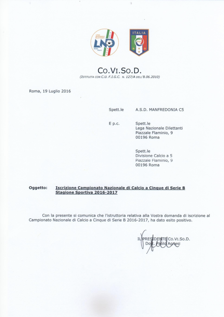 Comunicato Ufficiale CO.VI.SO.D Manfredonia Calcio a 5